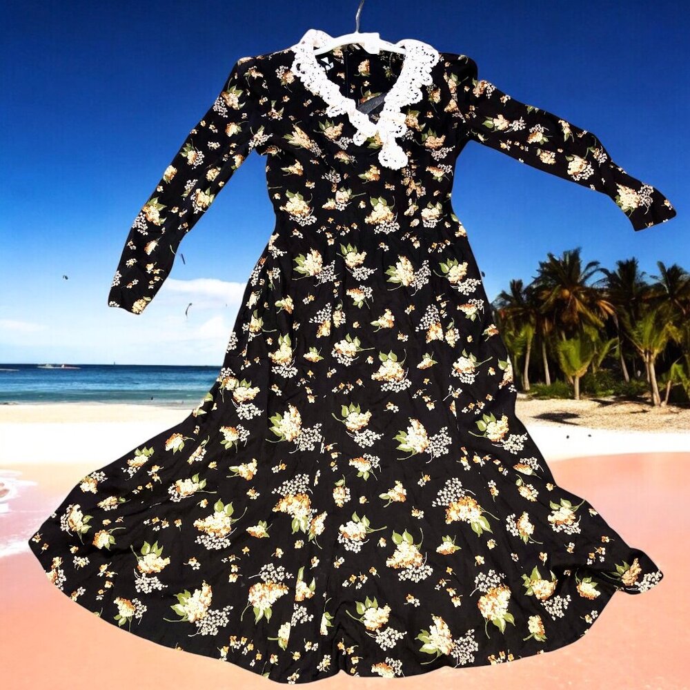 Vtg 80s Leslie Fay Floral Midi Dress Size 10 Black Cottagecore Crochet Collar